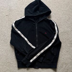 Y2K Burberry Black Zip-Up Sweater with Plaid Stripes Size L